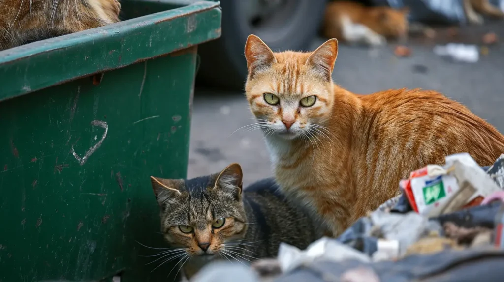 Stray cats hanging around waste bins