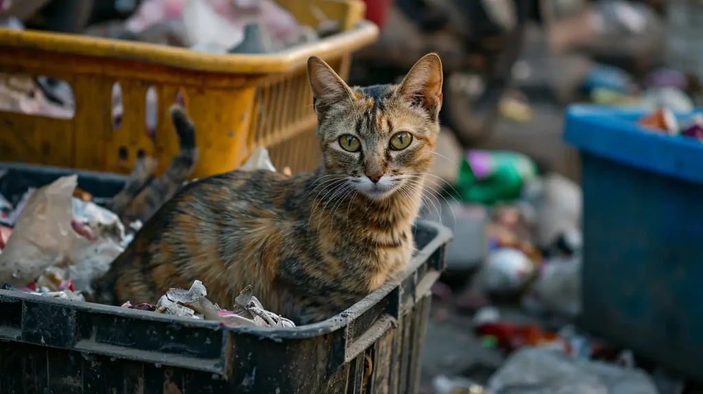 cat among waste bins